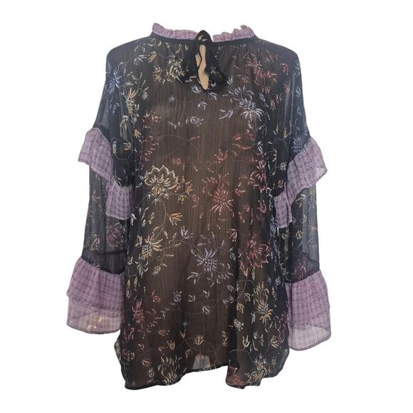 a.n.aA New Approach Black Sheer Floral Blouse Ruffle Sleeves Size Small - Picture 1 of 4